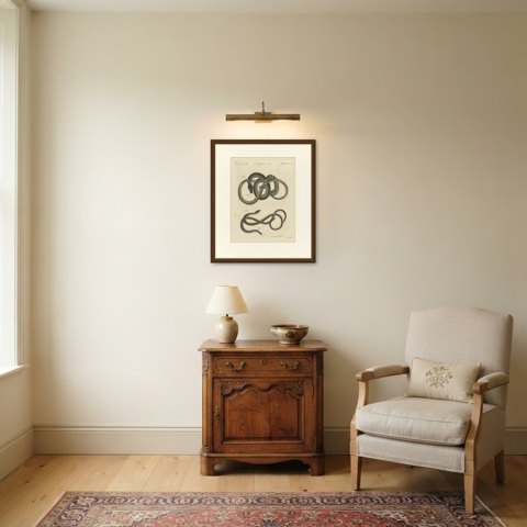 Four Snakes in Colorful Coils, Antique Bertuch Print, Vienna, circa 1805, shown framed in a room