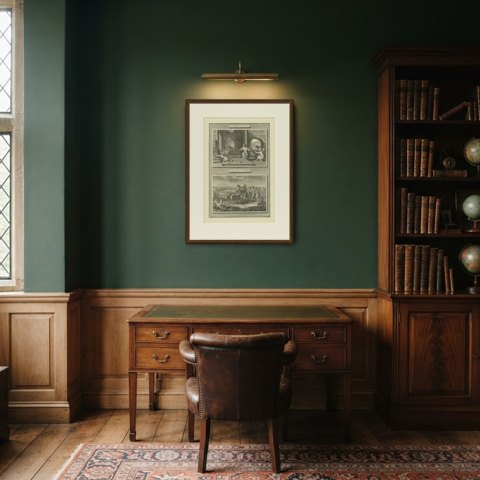 Dagon Falls Before the Ark and the Ark Sent Back, Mortier Bible circa 1700, shown framed in a room
