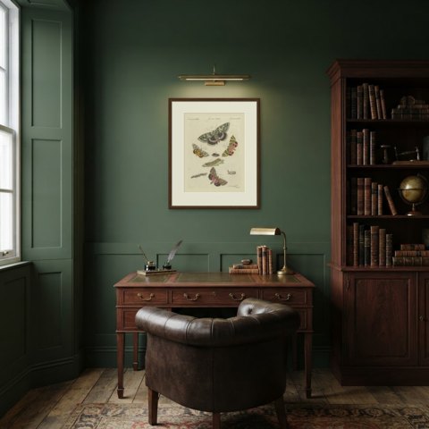 Underwing and Tiger Moths with Caterpillars, Antique Bertuch Print, circa 1805, shown framed in a room