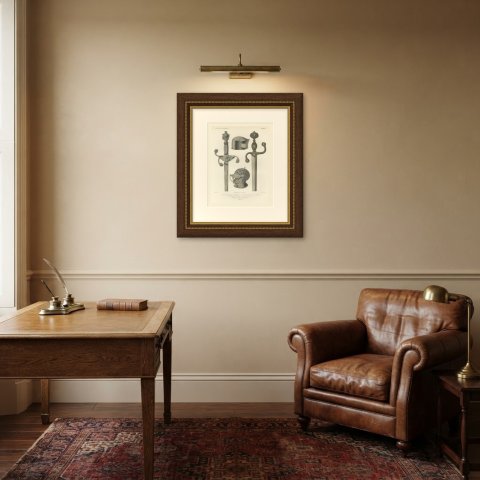 German and Italian Swords and Helmets, Antique Print, 1851, shown framed in a room