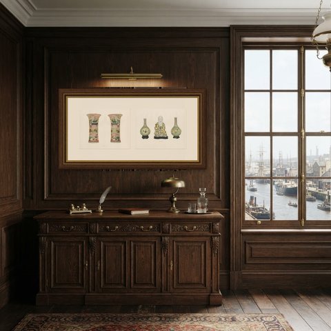 Famille Verte Beakers, Bottles and Shou Lao, Two Kang-he Plates, 1911, shown framed in a room