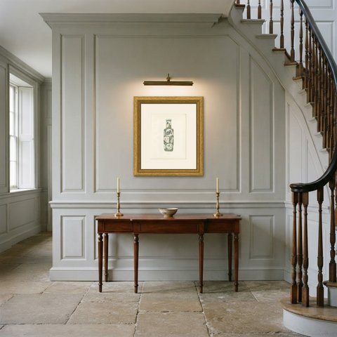 Tall Rouleau Vase in Wu Ts'ai Famille Verte, Antique Color Plate 1911, shown framed in a room