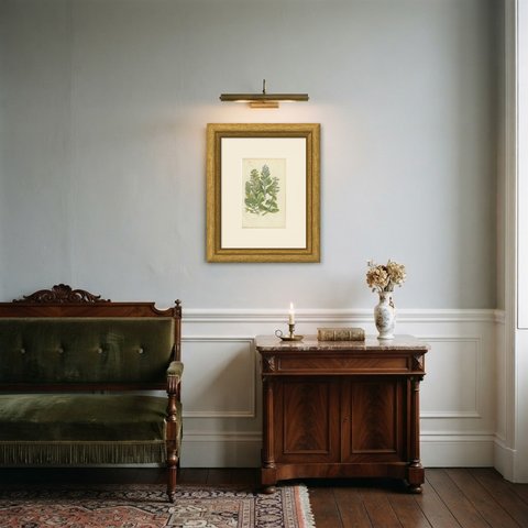 The British Bugles, Antique Blue Spike Wild Flower Print, Pratt, circa 1873, shown framed in a room