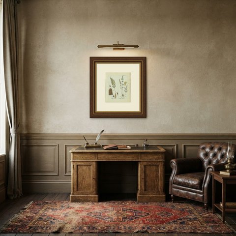 Decorative 19th Century Hand-Colored Fern Print, Acrostichum Marantae, 1806-1809, shown framed in a room