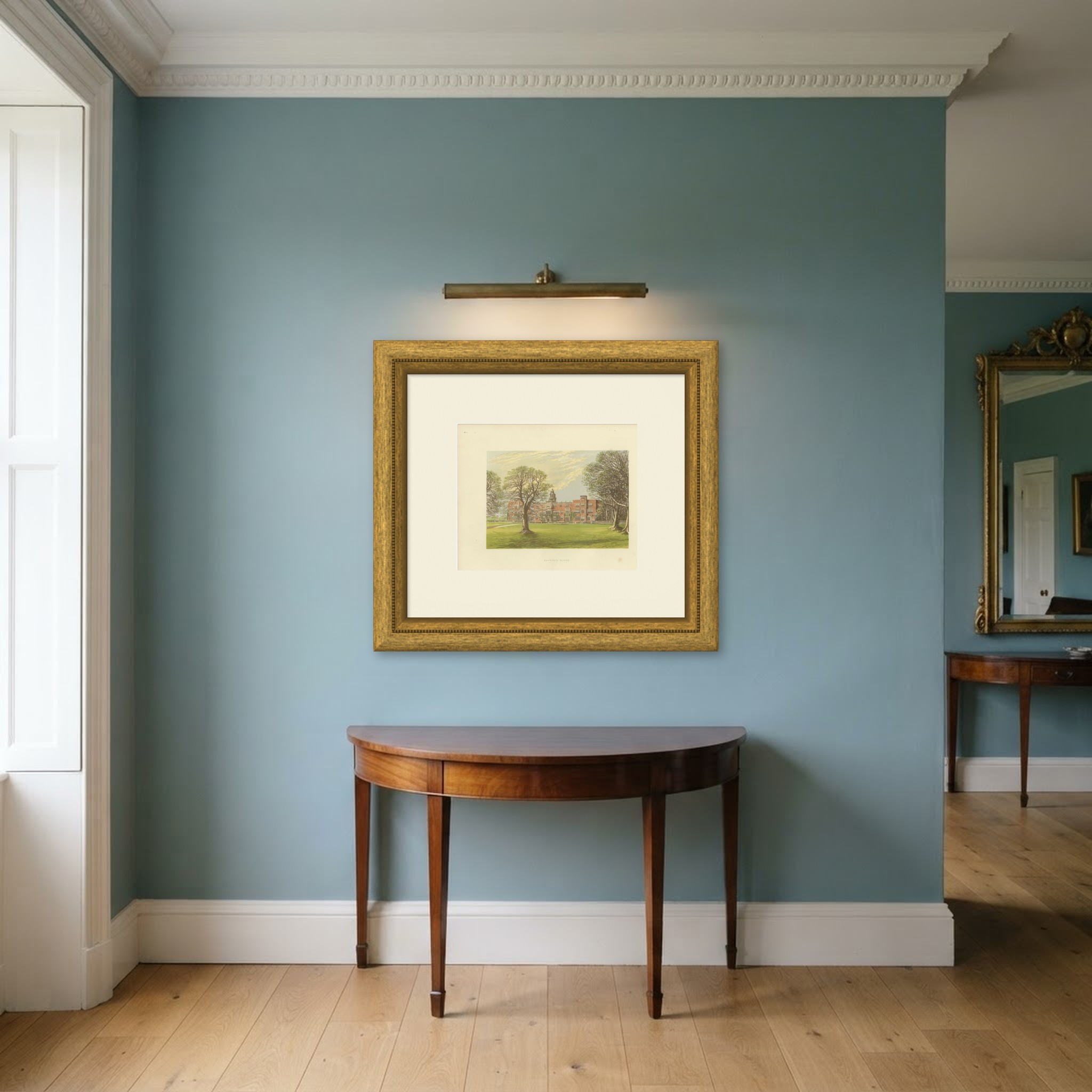 Hatfield House, Hertfordshire, Antique Morris Woodblock Print, circa 1870, shown framed in a room