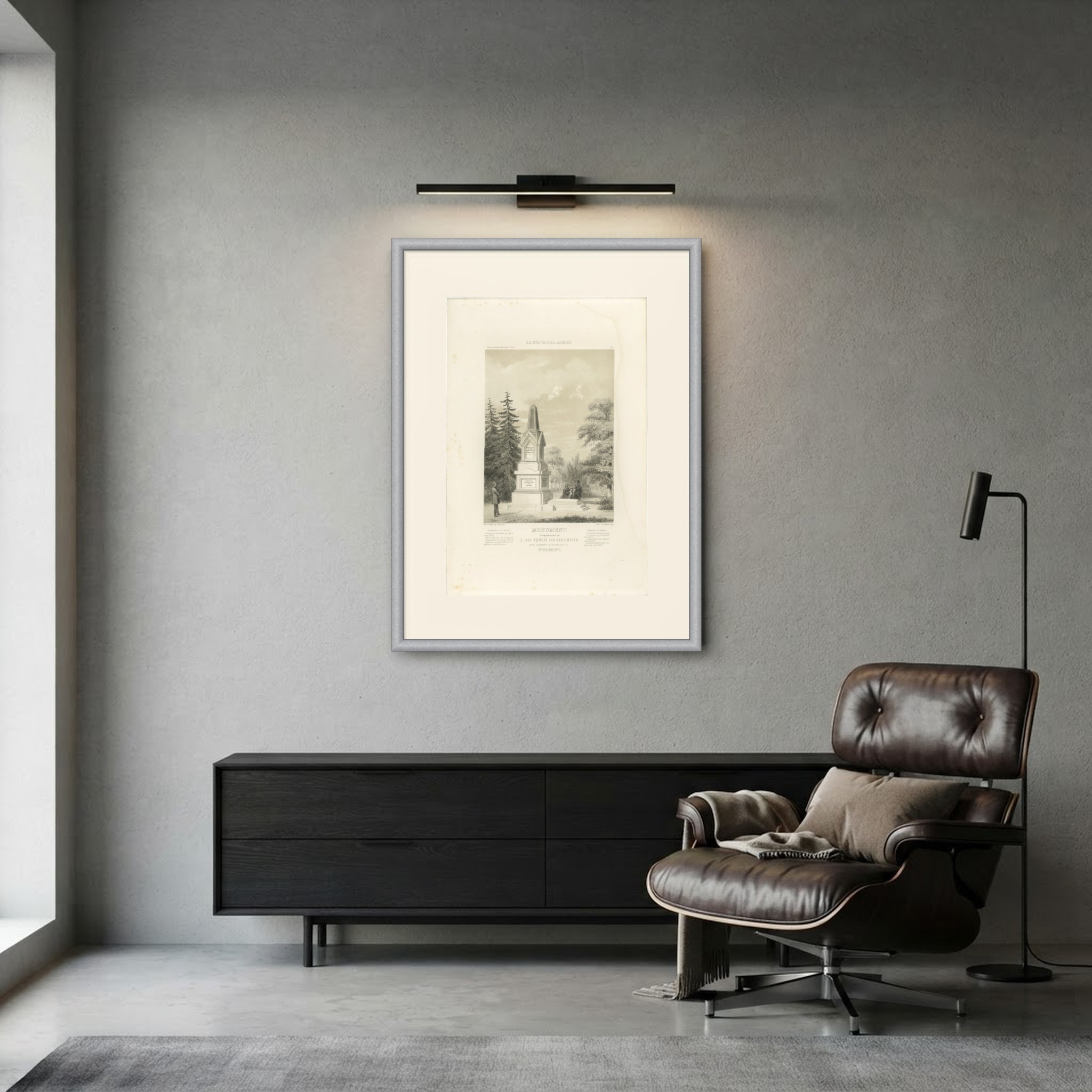 Van der Hoeven Monument, Utrecht, Dutch Architecture Print, Leliman, 1865-1866, shown framed in a room