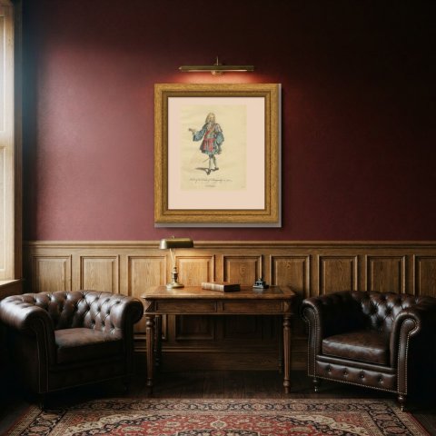 Duke of Burgundy in 1700, Hand Colored Jefferys Costume Engraving, 1757, shown framed in a room