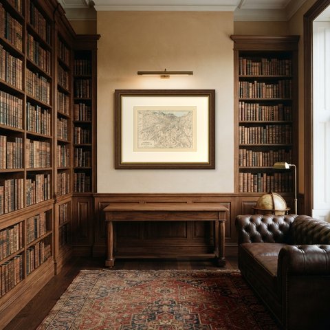 Antique Map of the Environs of Edinburgh and the Firth of Forth, 1885, shown framed in a room