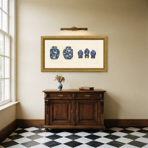 Blue and White Hawthorn Ginger Jars, Two Kang-he Color Plates, 1911, shown framed in a room
