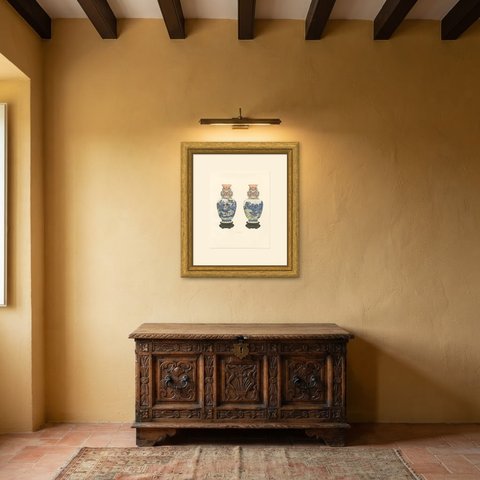 Imperial Palace Baluster Pair, Underglaze Blue Landscape, Kien-lung, 1911, shown framed in a room