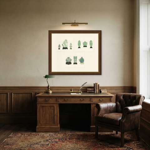 Green Jade Vases and Incense Burners, Three Kien-lung Plates, 1911, shown framed in a room