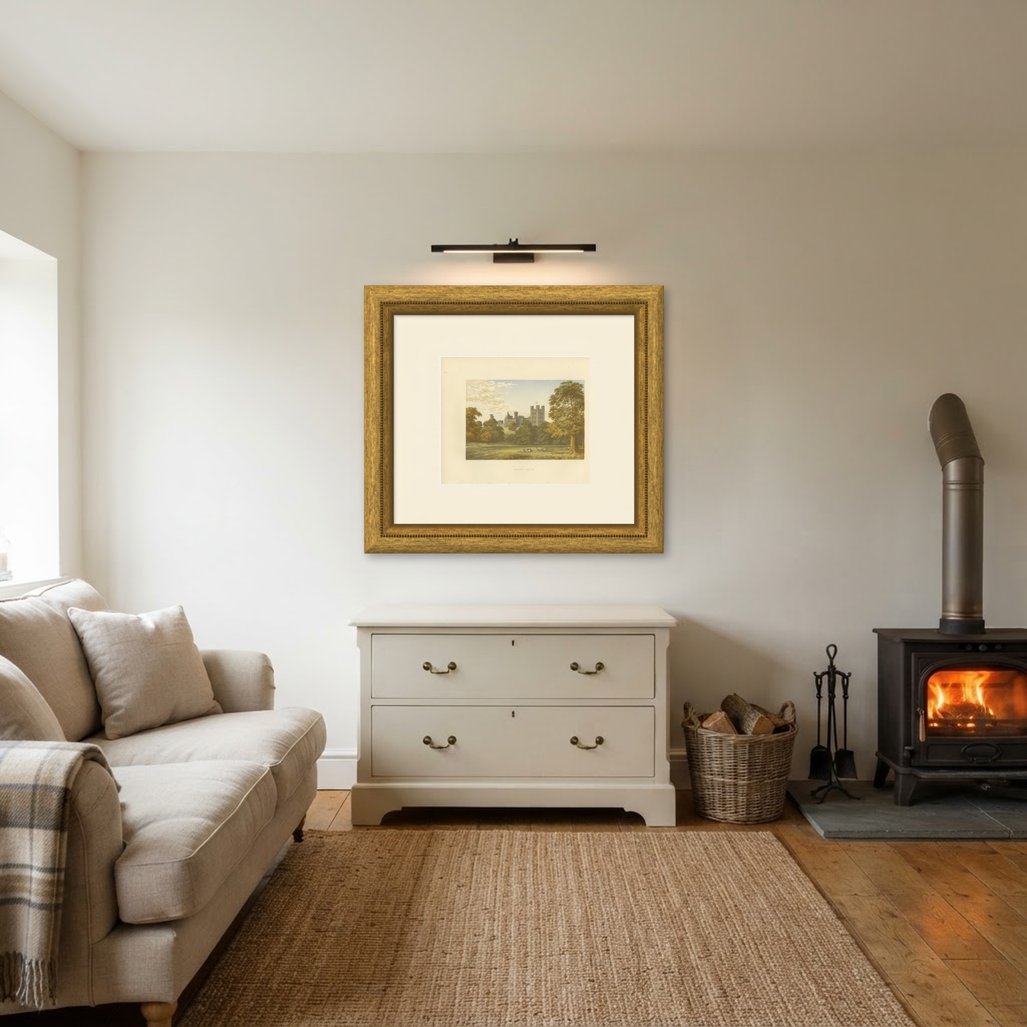 Penrhyn Castle, Caernarfonshire, Antique Morris Woodblock Print, circa 1870, shown framed in a room