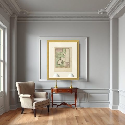 Antique Map of The Harbor of Acapulco in Mexico, 1749, shown framed in a room