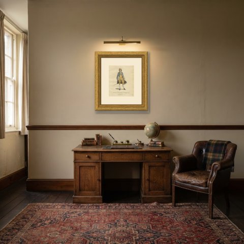 French Man of Quality in 1700 in a Blue Coat, Jefferys Costume Plate, 1757, shown framed in a room