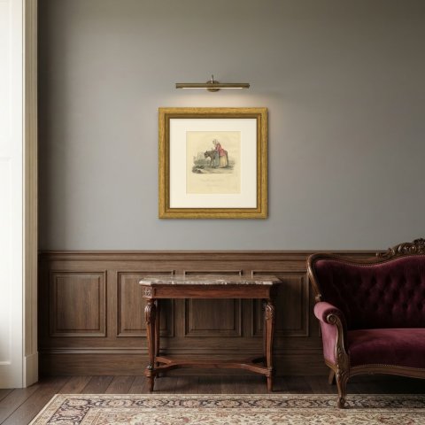 Country Woman and Donkey going to Valenciennes, Antique Print, 1817, shown framed in a room