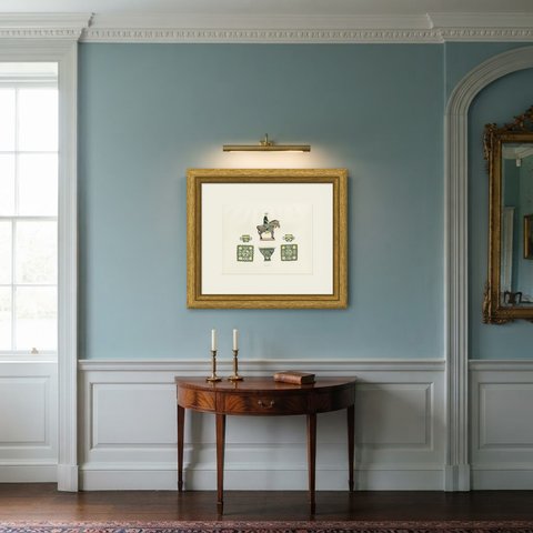 Chinese Horseman Figure on Biscuit with Two Cups and Saucers, Ming, 1911, shown framed in a room