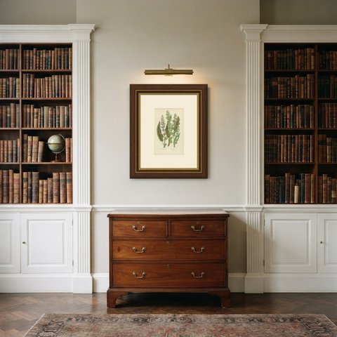 Great Water Dock and Curled Dock, Antique Riverside Plant Plate, circa 1873, shown framed in a room