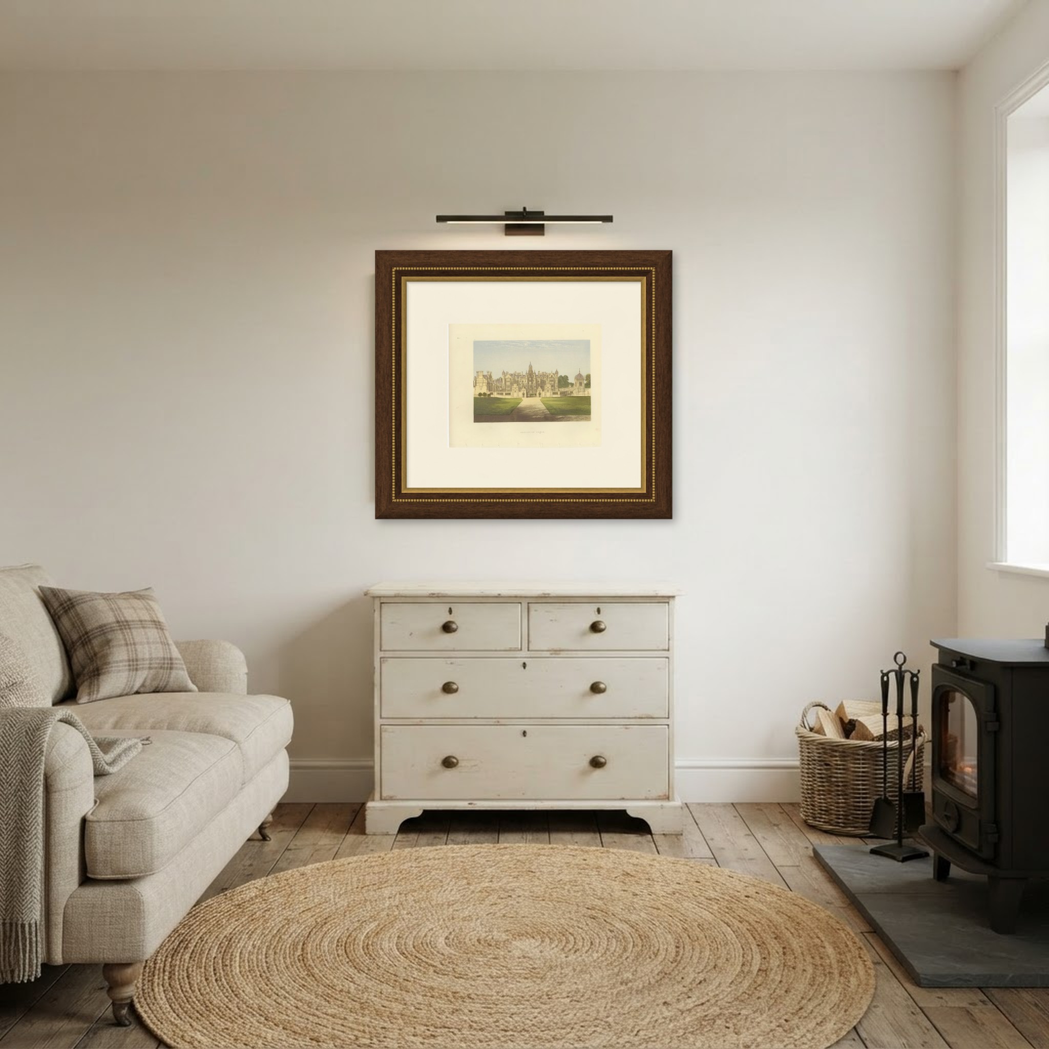 Harlaxton Manor, Lincolnshire, Antique Morris Woodblock Print, circa 1870, shown framed in a room