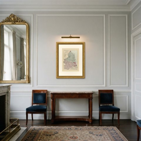 Antique Map of Northumberland with Holy Island and Berwick, 1885, shown framed in a room