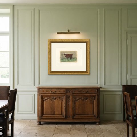 Salers Cow and Calf, Antique Cattle Print after Rosa Bonheur, 1873, shown framed in a room