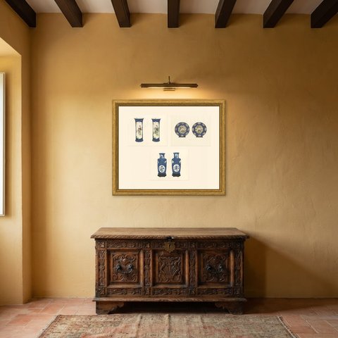 Powder-blue Beakers, Plates and Vases, Three Kang-he Color Plates, 1911, shown framed in a room