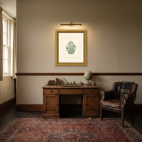 Jar and Cover on Fen-ting White Ground with Feng Huang, Plate 1911, shown framed in a room