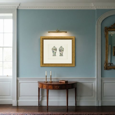 Antique Color Plate of Two Apple Green Baluster Vases with Mandarins, 1911, shown framed in a room