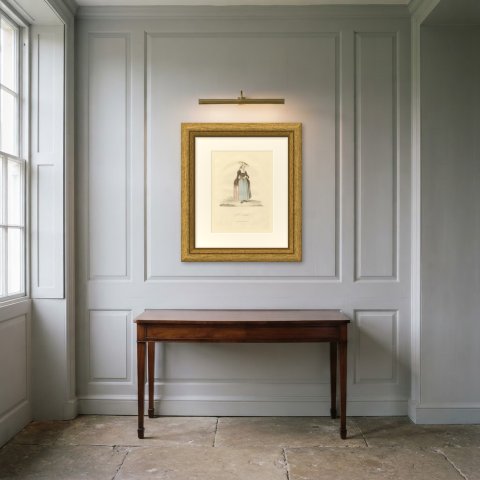A Zealander, Zeeland Regional Dress, Antique Ackermann Print, 1817, shown framed in a room