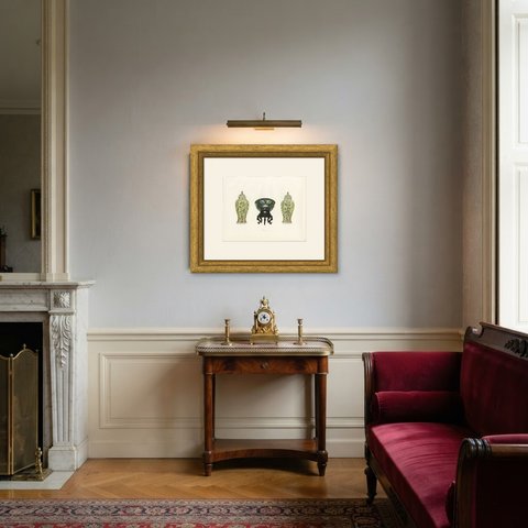 Pair of Hexagonal Yellow Ground Vases and Covers with Black Bowl, Plate, 1911, shown framed in a room