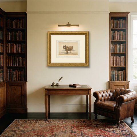 Baretonne Bull with Frontlet, French Cattle Chromolithograph, 1863, shown framed in a room
