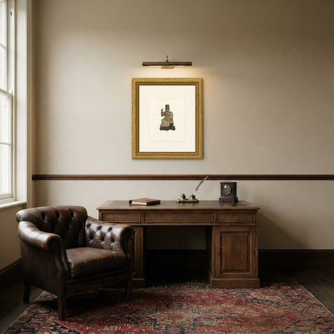 Kuan Ti, God of War, Seated Ming Porcelain Figure, Antique Plate, 1911, shown framed in a room