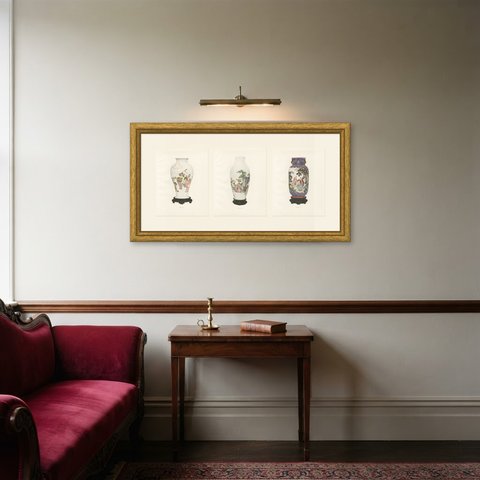 Taoist Immortals and Hsi Wang Mu, Three Famille Rose Plates, 1911, shown framed in a room