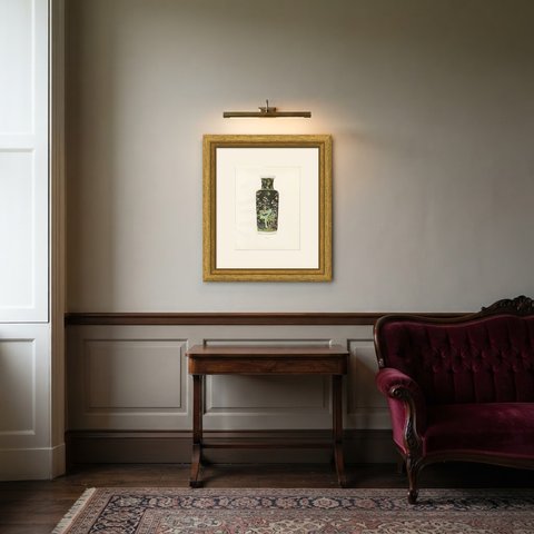 Late Ming Famille Noire Cylindrical Vase, Prunus and Blue Bird, Plate 1911, shown framed in a room