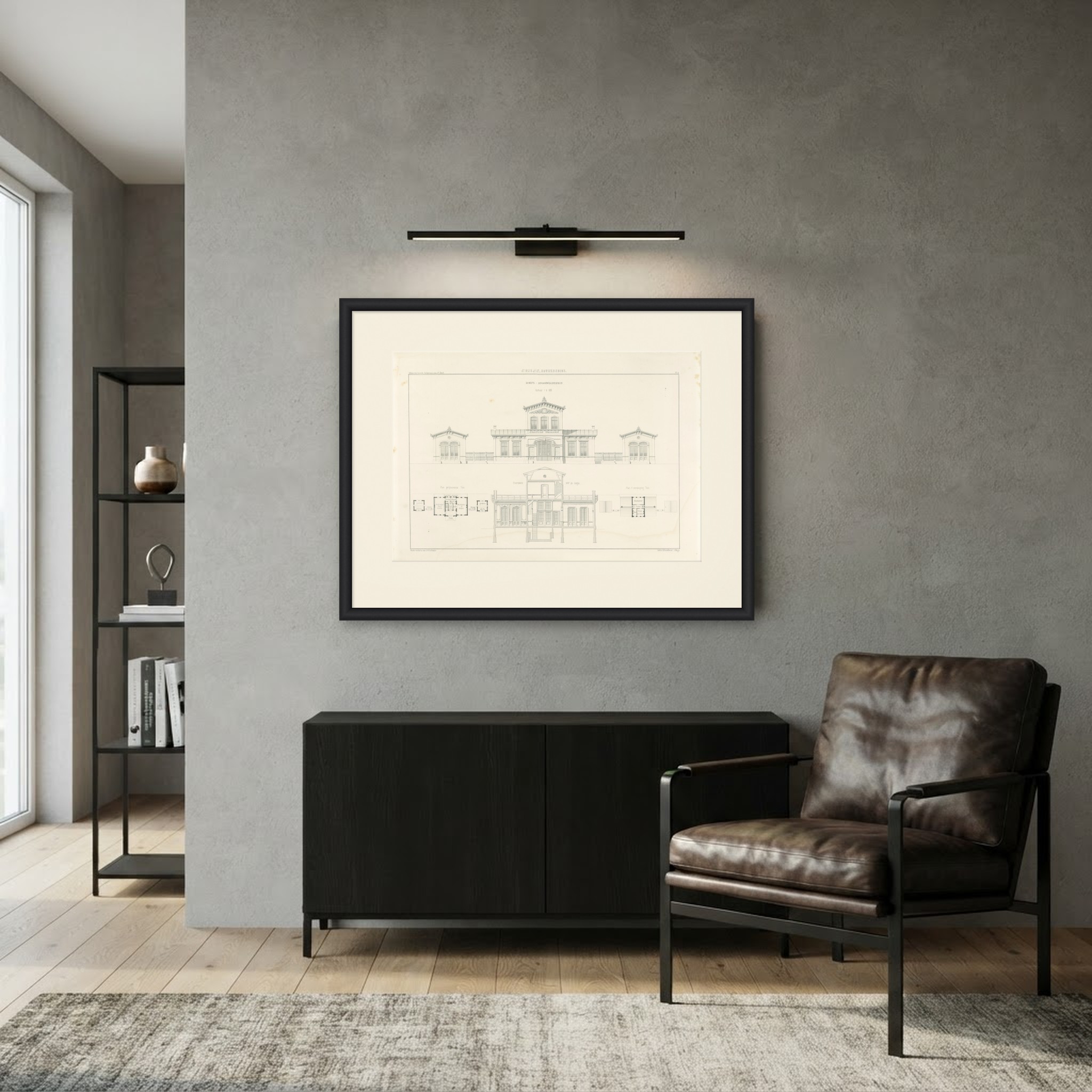 Village Railway Station, Waarden, Dutch Architecture Print, Leliman, 1865-1866, shown framed in a room