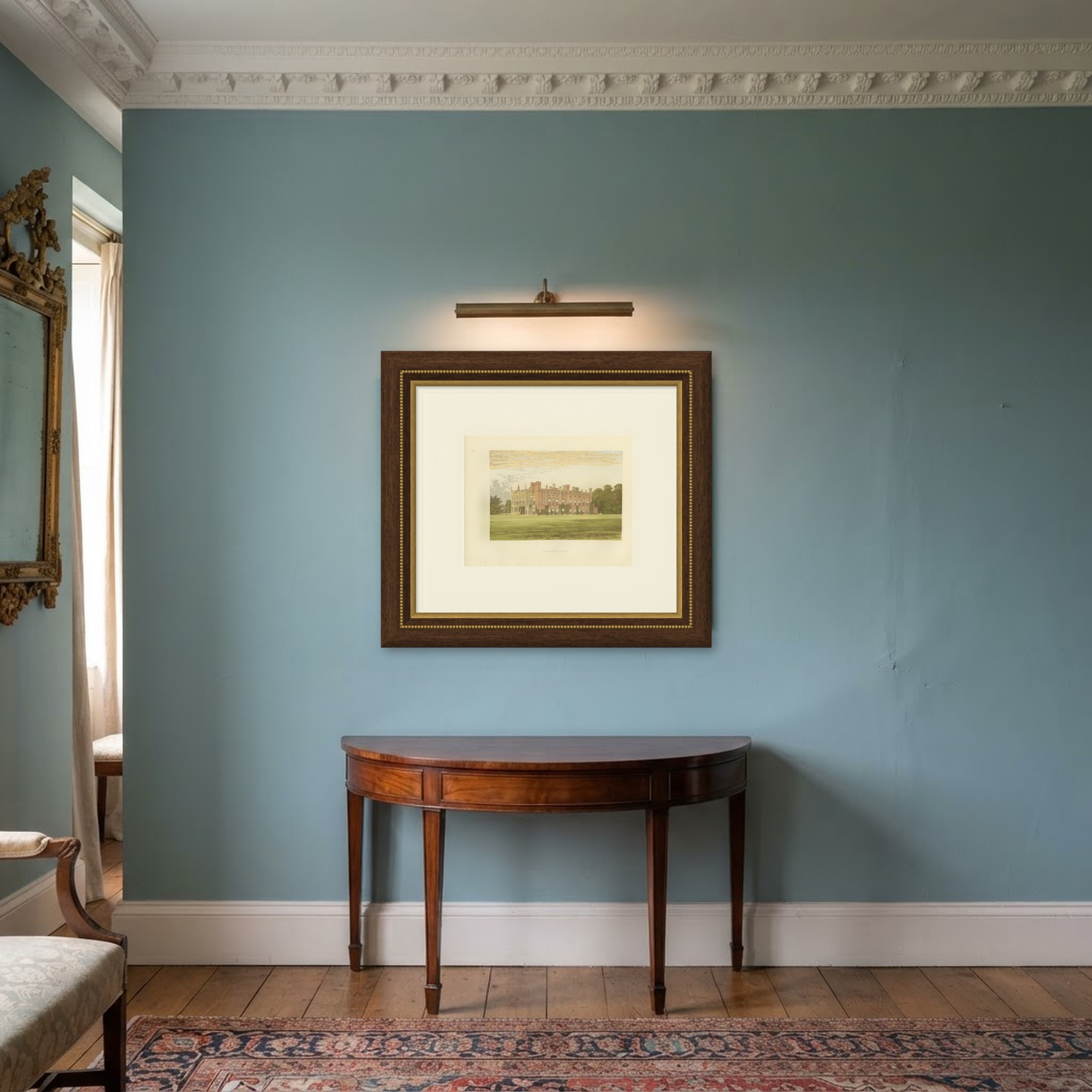 Cassiobury Park, Hertfordshire, Antique Morris Woodblock Print, circa 1870, shown framed in a room
