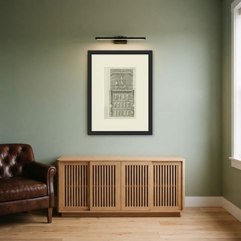 The Throne Bearers Relief at Persepolis, Antique Niebuhr Print, 1780, shown framed in a room