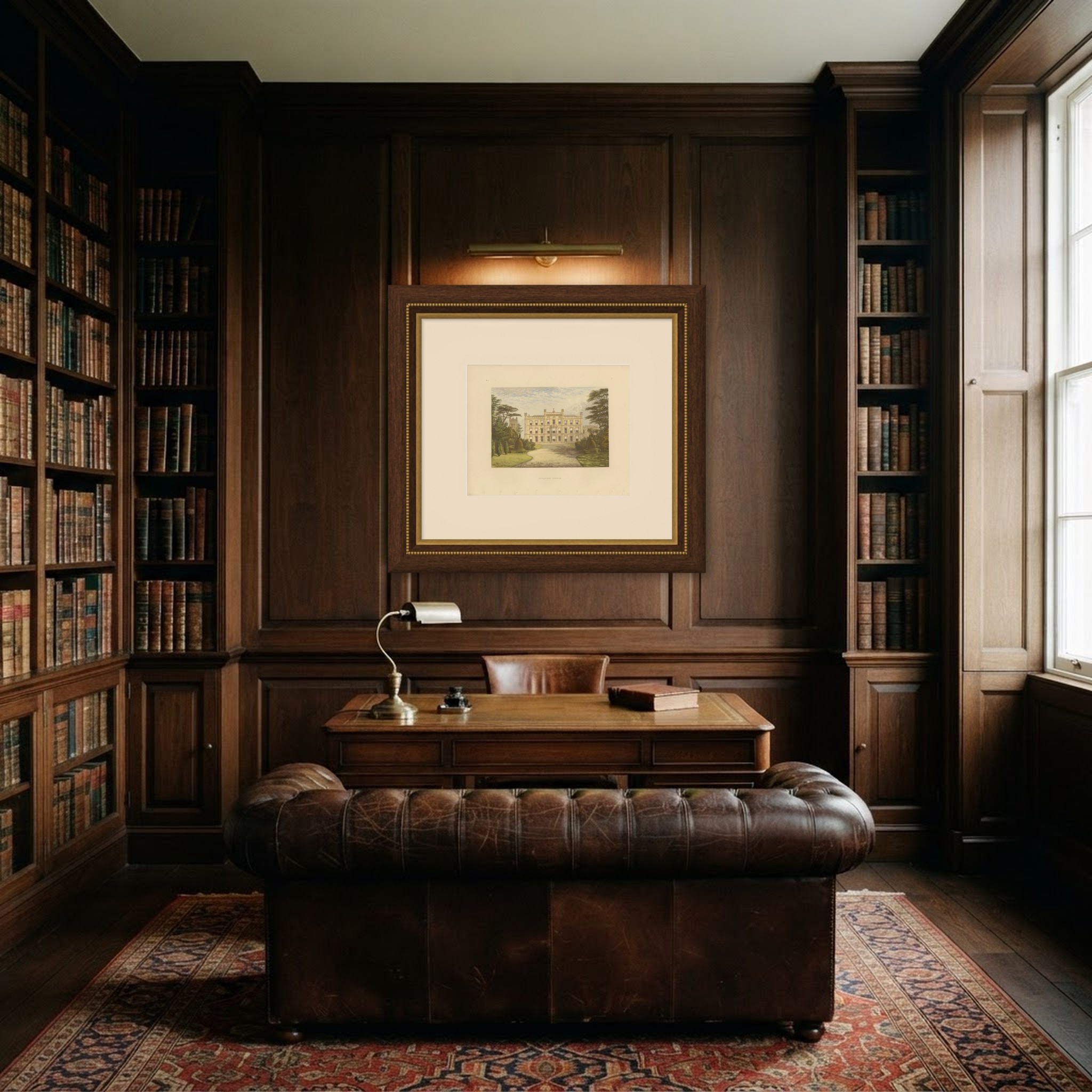 Elvaston Castle, Derbyshire, Antique Morris Woodblock Print, circa 1870, shown framed in a room