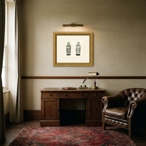 Pair of Rouleau Vases, Famille Verte, with Landscape Panels, Gorer 1911, shown framed in a room