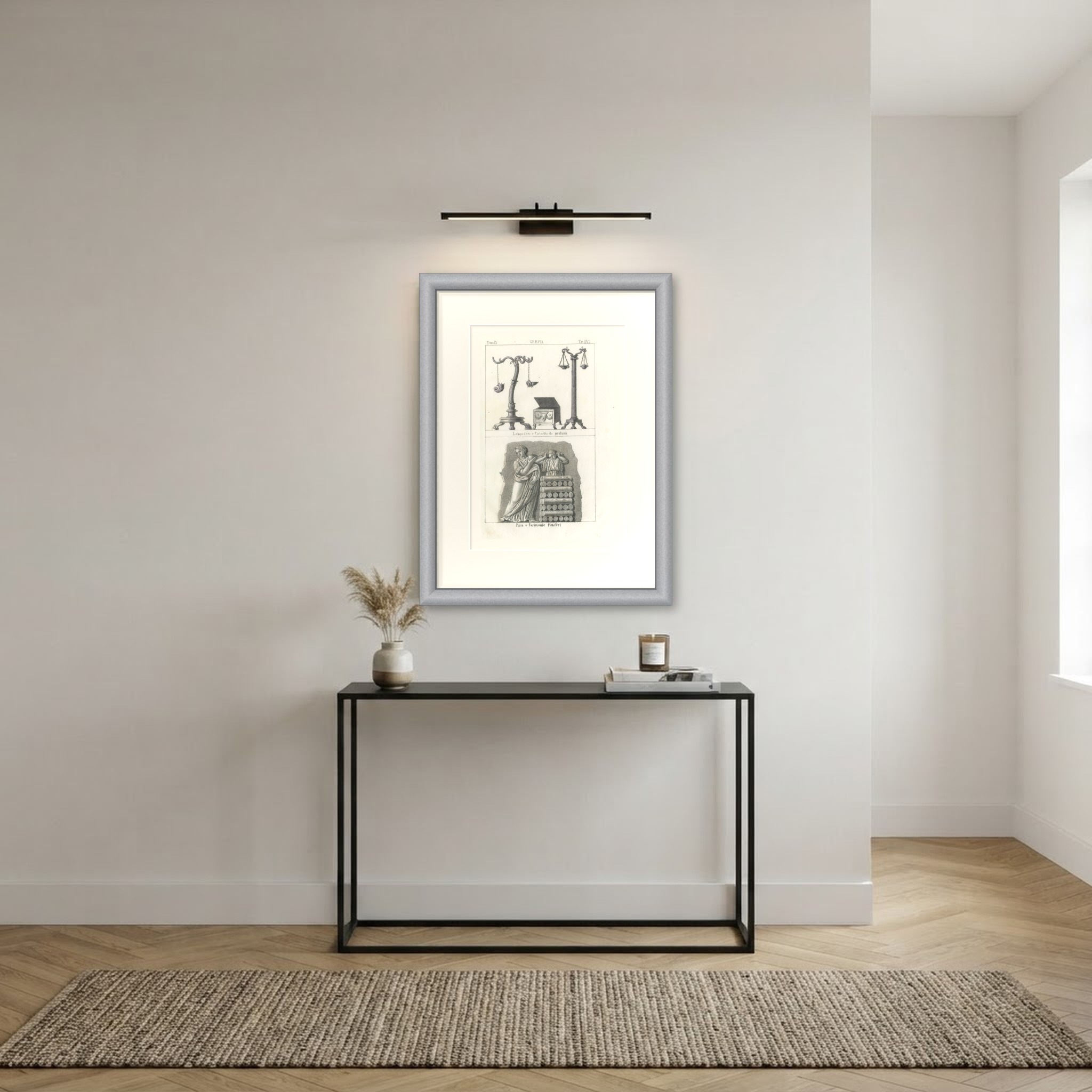 Ancient Lampstands, a Perfume Casket and a Funeral Pyre Relief, 1842, shown framed in a room