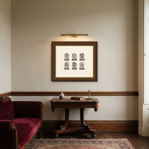 Six Yung-ching Cups and Saucers with a Peacock in Display, Color Plate, 1911, shown framed in a room