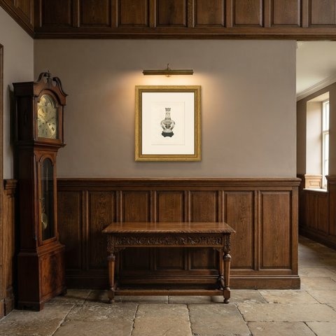 Lotus Form Bottle Vase with Altar Flower Baskets, Famille Verte Plate 1911, shown framed in a room