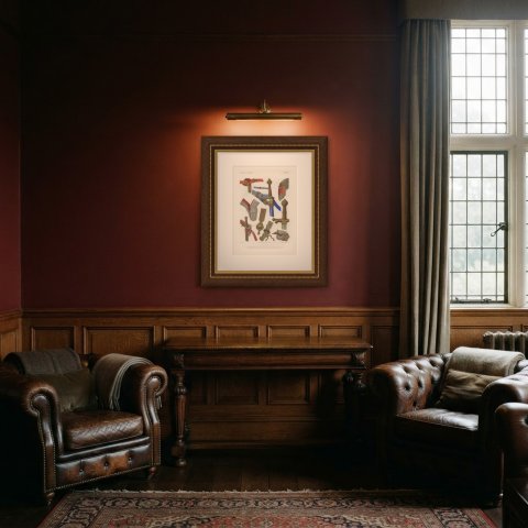 English Sword, Helm and Gauntlets, Antique Print, 1851, shown framed in a room