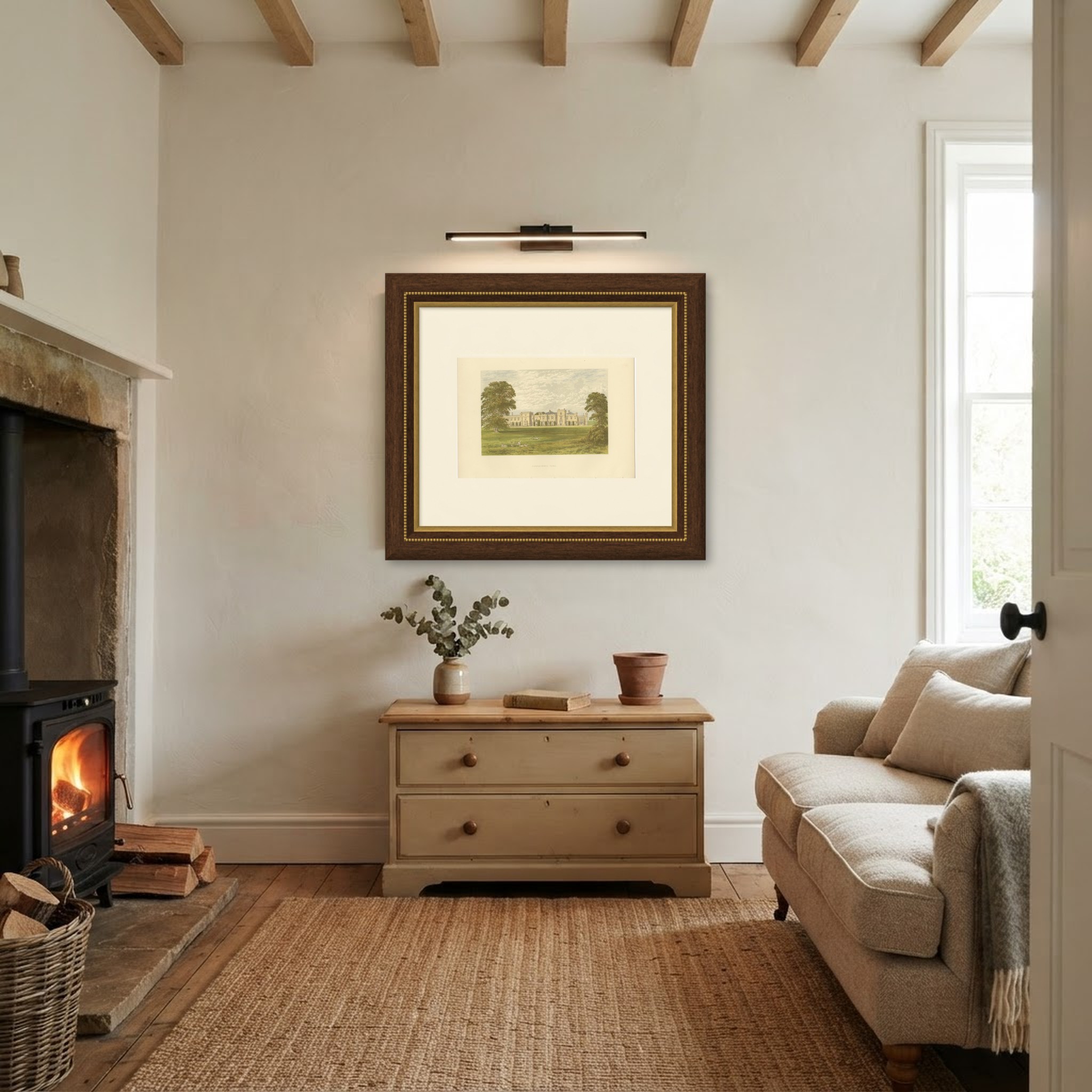 Panshanger Park, Hertfordshire, Antique Morris Woodblock Print, circa 1870, shown framed in a room
