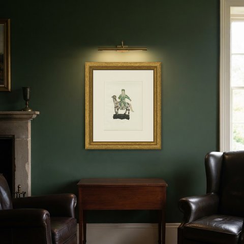Kuan Ti, God of War, on Horseback, Ming Enamel on Biscuit, Plate 1911, shown framed in a room