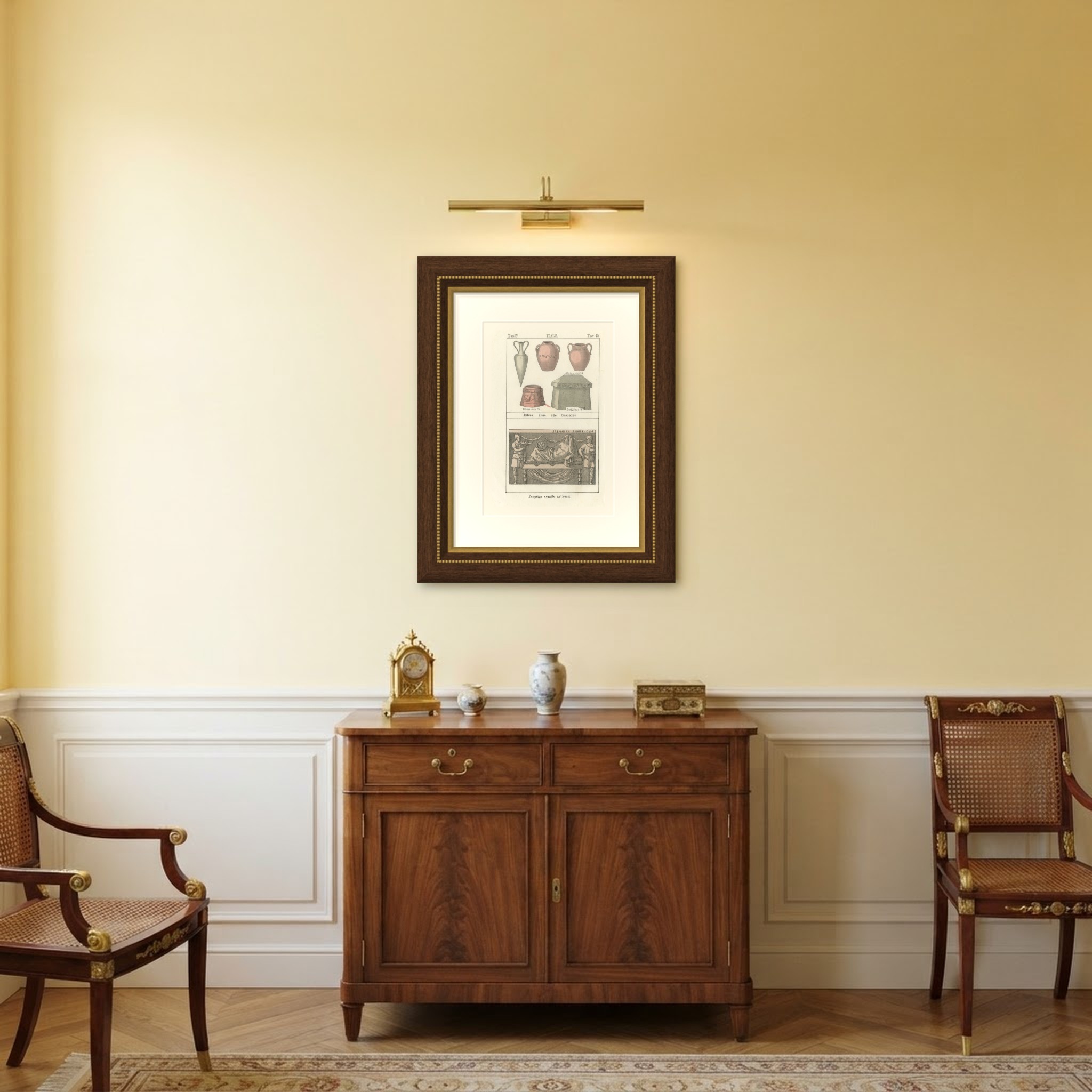 Amphora, Cinerary Urns and the Banquet of the Blessed Relief, Italy, 1842, shown framed in a room