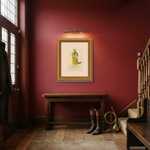 Oxblood wall with Lady of Quality of England in 1640, Yellow Satin Gown, Jefferys Print, 1757