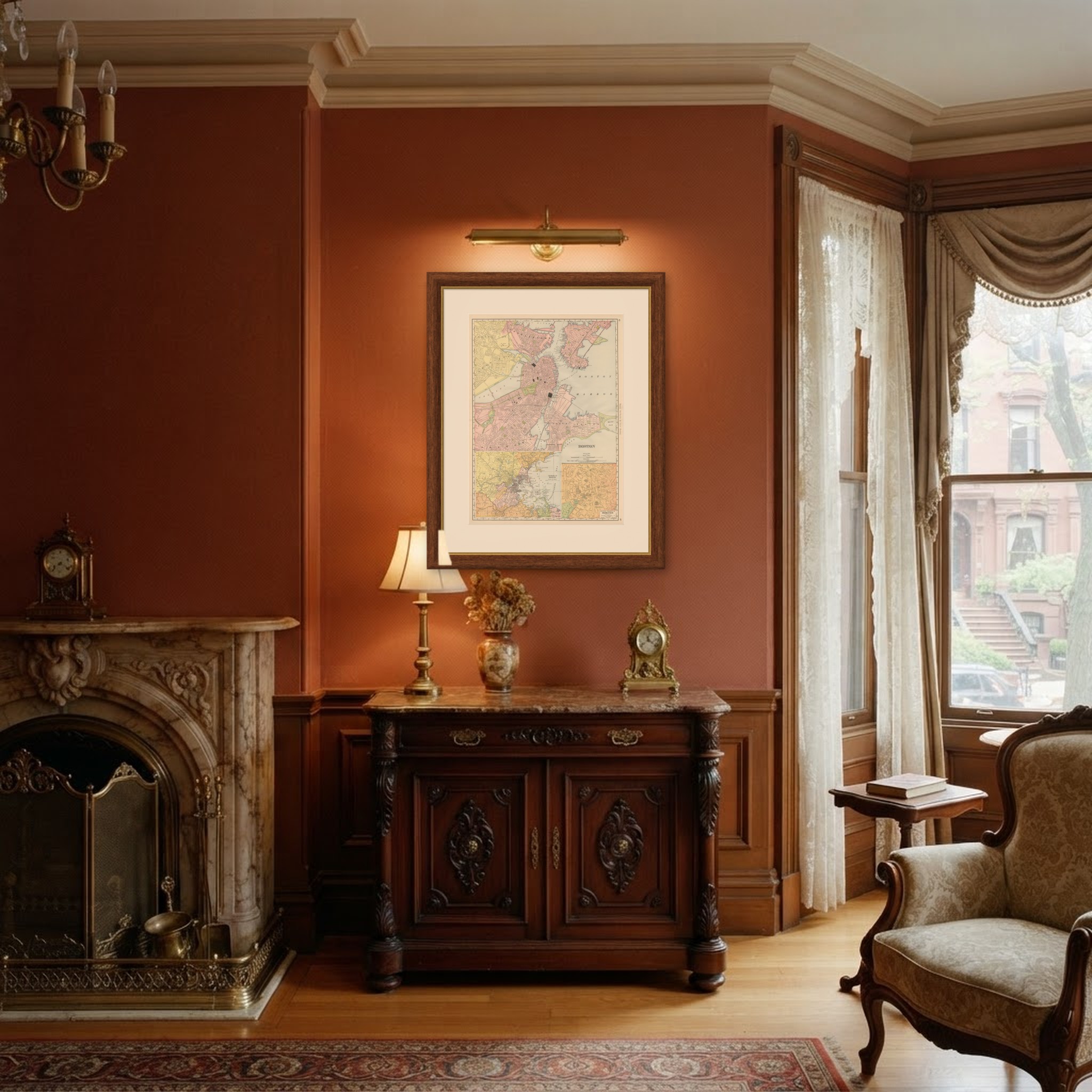 Antique Map of Boston, with Harbor and Environs Inset, Rand McNally, 1899, shown framed in a room