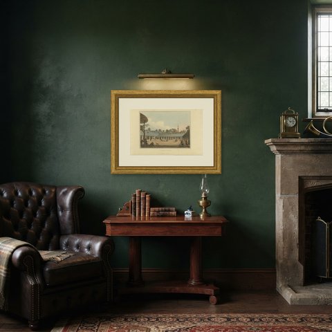Caravansary at Borgas, Ottoman Travelers' Inn, Antique Aquatint, 1809, shown framed in a room