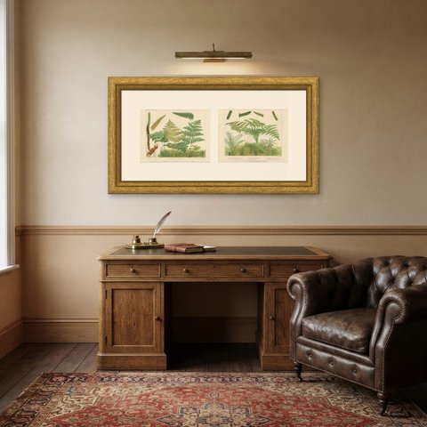 Pair of Antique Chromolithographs of Bracken and Brake Ferns, circa 1885, shown framed in a room