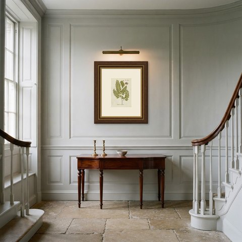 Elegant Antique Hand-Colored Fern Print, Adiantum trapeziforme, 1806-1809, shown framed in a room